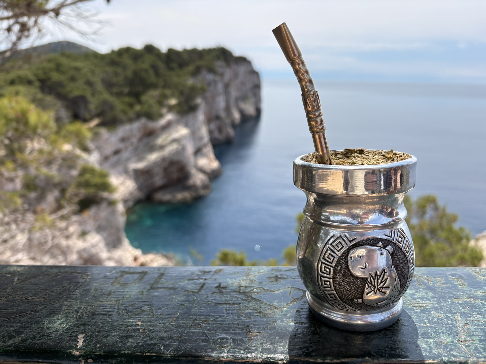 Yerba mate in a wooden Palo Santo vessel engraved with a capybara in a beautiful landscape on a Croatian island